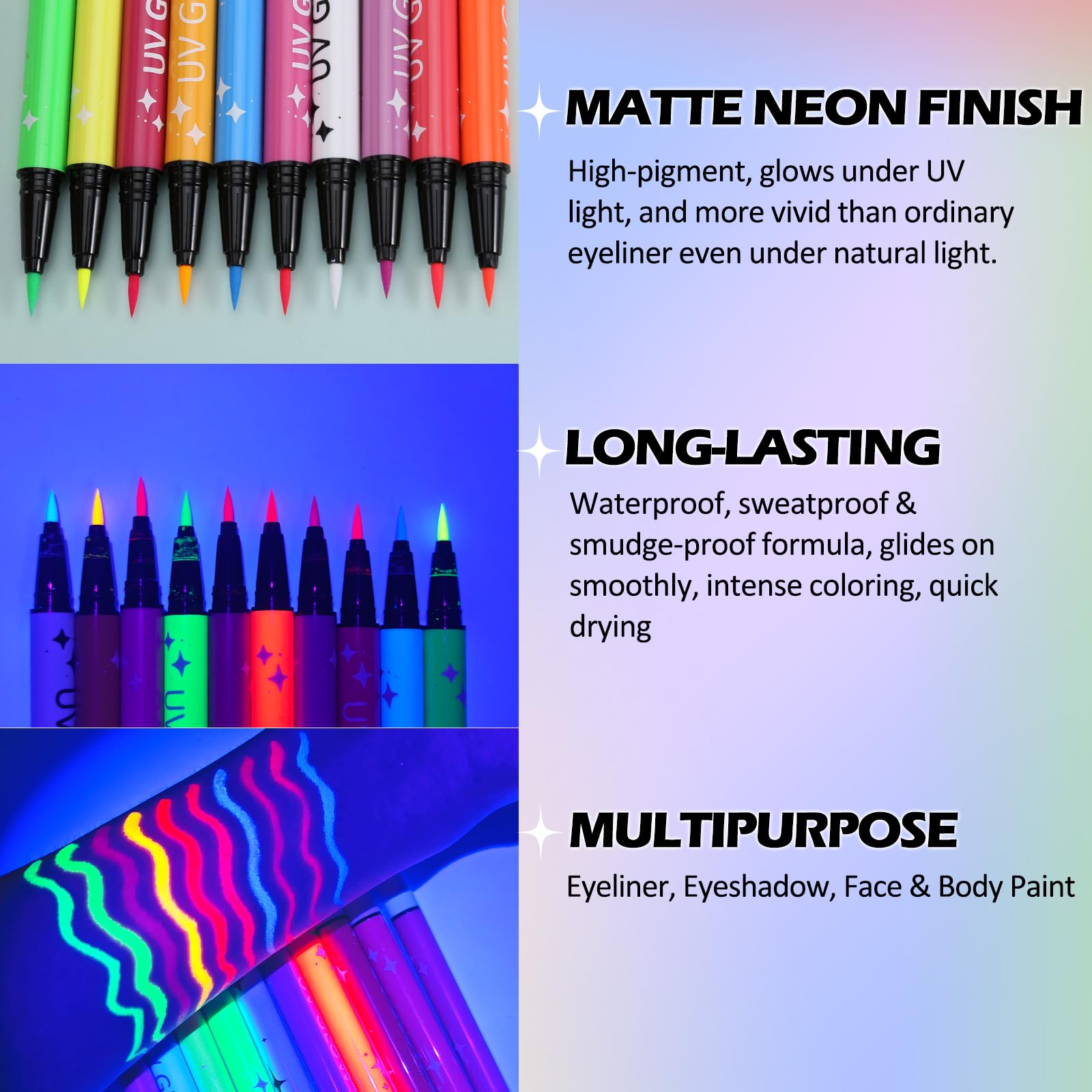 Erinde 10 Colors UV Neon Glow Liquid Eyeliner Set, Matte Colored Eye Liner Pen, Waterproof Smudge Proof, High Pigmented Colorful Graphic Liners for Rave Party Halloween Neon Face Body Paint Makeup