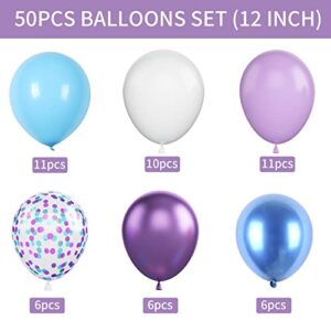 Blue and Purple Balloons Set, 50 PCS Blue 12 Inch Mermaid Balloons, Metallic Purple Blue White Latex Balloons Confetti Helium Balloons for Girls Mermaid Birthday Party Baby Shower Winter Supplies