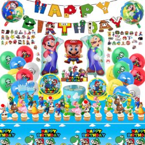 189 pcs birthday party supplies, party decorations includes balloons, film balloons, plates, cups, banners, knives, forks, spoons, napkins, stickers, cake topper, cupcake toppers, tablecloth
