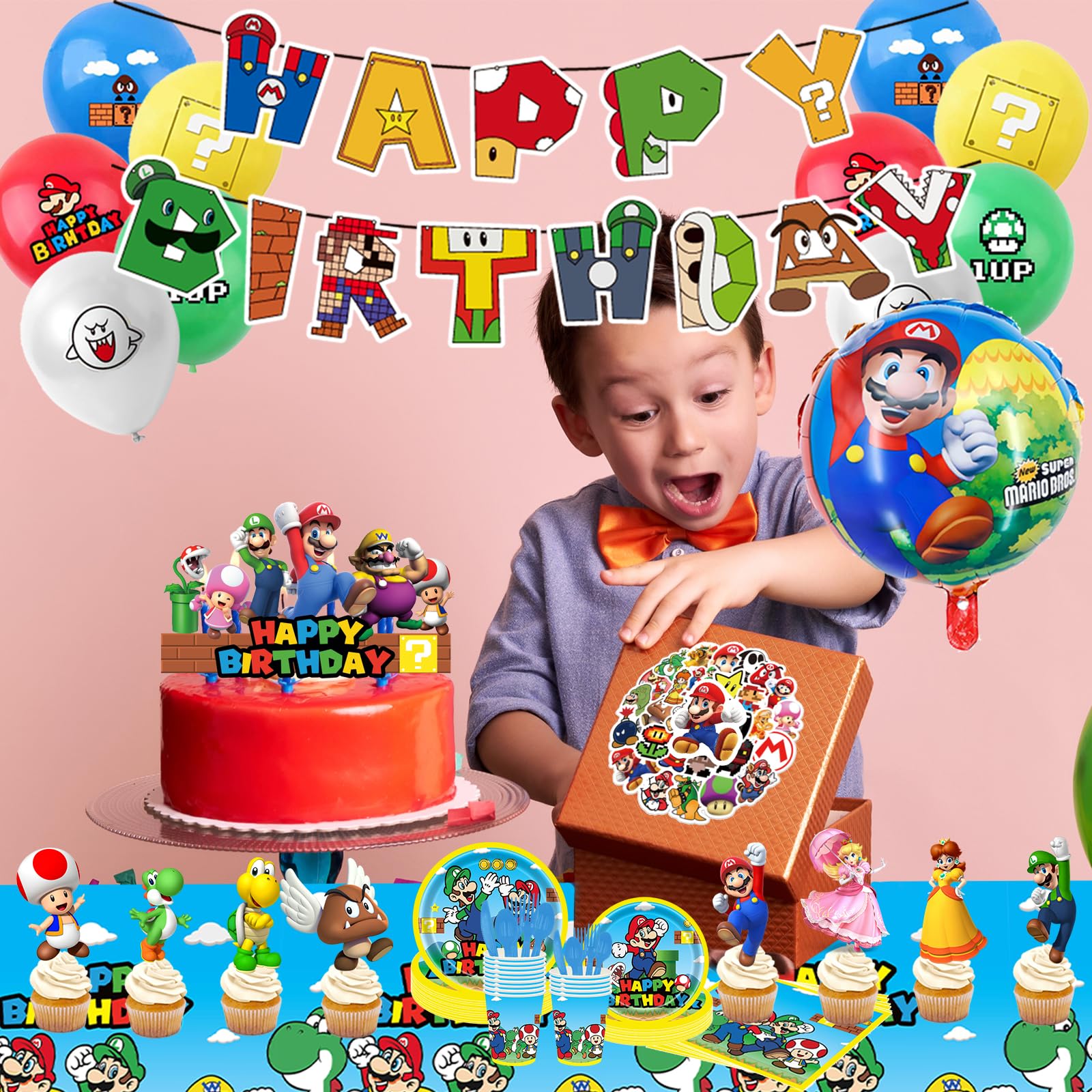 189 PCS Birthday Party Supplies, Party Decorations Includes Balloons, Film Balloons, Plates, Cups, Banners, Knives, Forks, Spoons, Napkins, Stickers, Cake Topper, Cupcake Toppers, Tablecloth