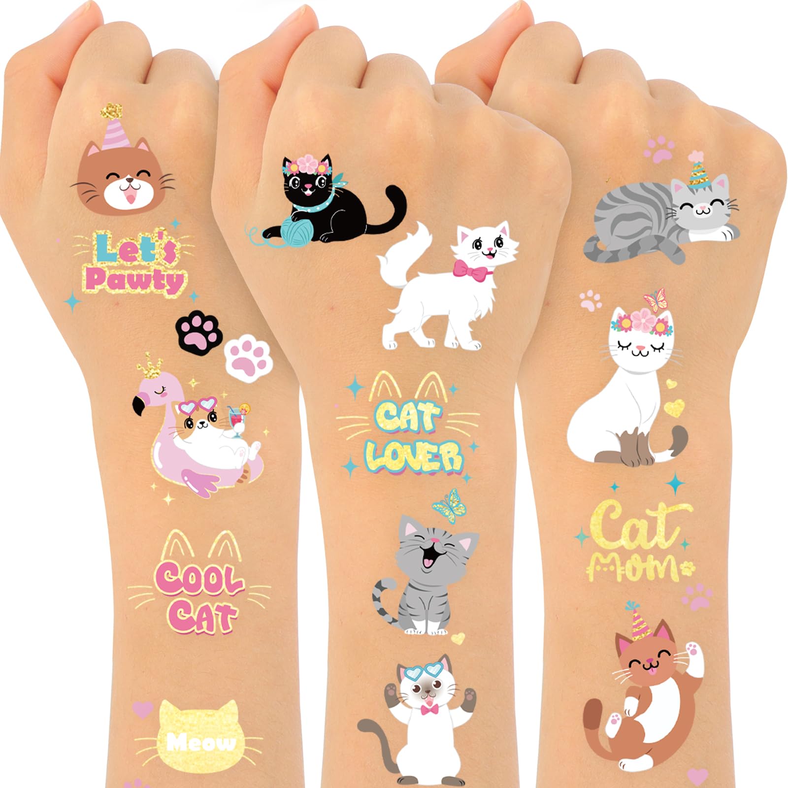 Konsait 50pcs Cat Glitter Temporary Tattoos for Kids Tattoos Temporary for Cat Birthday Party-Waterproof Fake Tattoos for Birthday Party Goodie Bags Stuffers Party Fillers