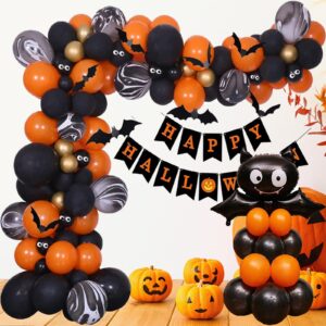 127pcs halloween balloons arch garland kit, black orange latex balloons large bat balloon with halloween banner for halloween party decoration, halloween party supplies