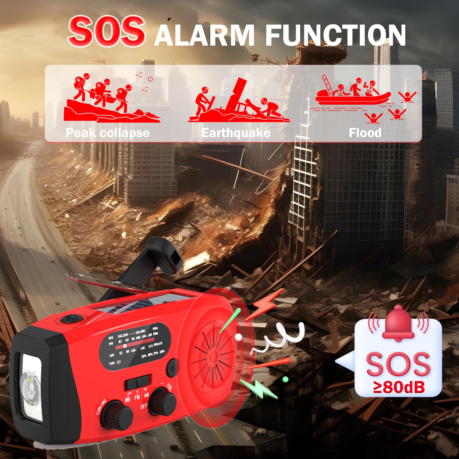 Emergency Hand Crank Radio with 4000mAh Power Bank Phone Charger, USB Charged & Solar Power, AM/FM NOAA Portable Weather Radio with SOS Alarm & LED Flashlight for Emergency, Camping