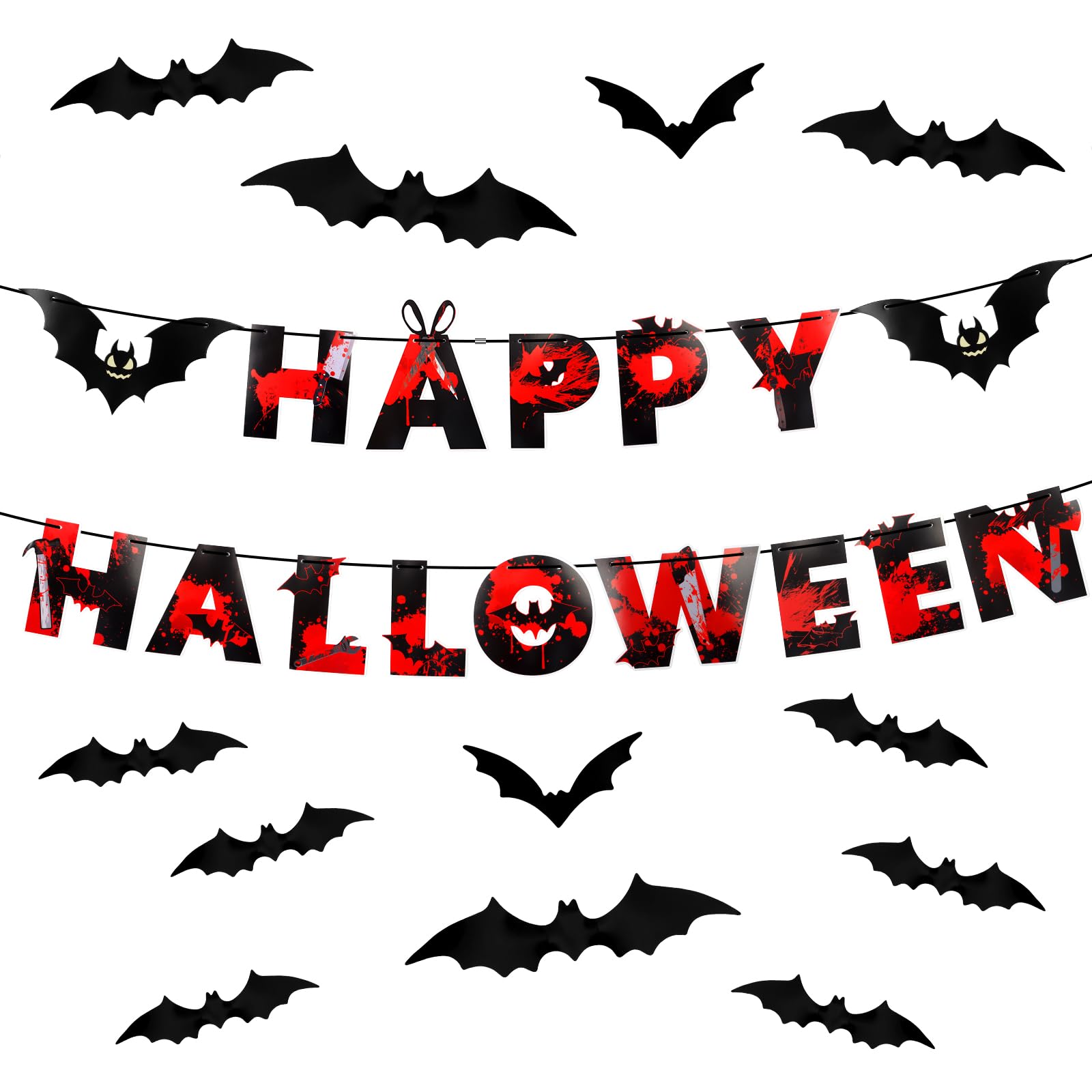 MiniRed Halloween Banner, Happy Halloween Bunting Banner with Bats, Premium Horror Halloween Party Decorations Supplies (With 12PCS 3D Bat Stickers)