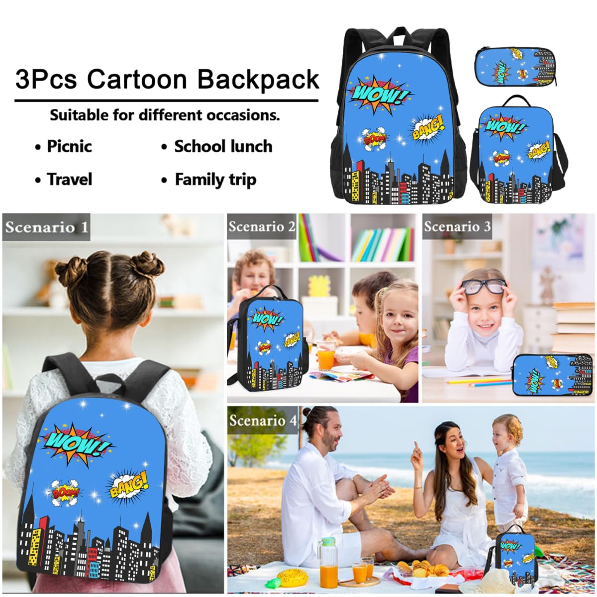Kids 3Pcs Cartoon Backpack Set, 3-in-1 Large Capacity School Bookbag Travel Daypack Bag with Lunch Bag and Pencil Case -1