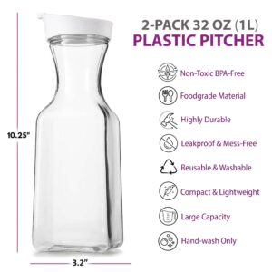 DilaBee Plastic Water Pitcher With Lid - Square Carafe Pitchers for Drinks, Milk, Smoothie, Iced Tea, Mimosa Bar Supplies - BPA-Free - NOT DISHWASHER SAFE (2, Clear, 32 Ounce)