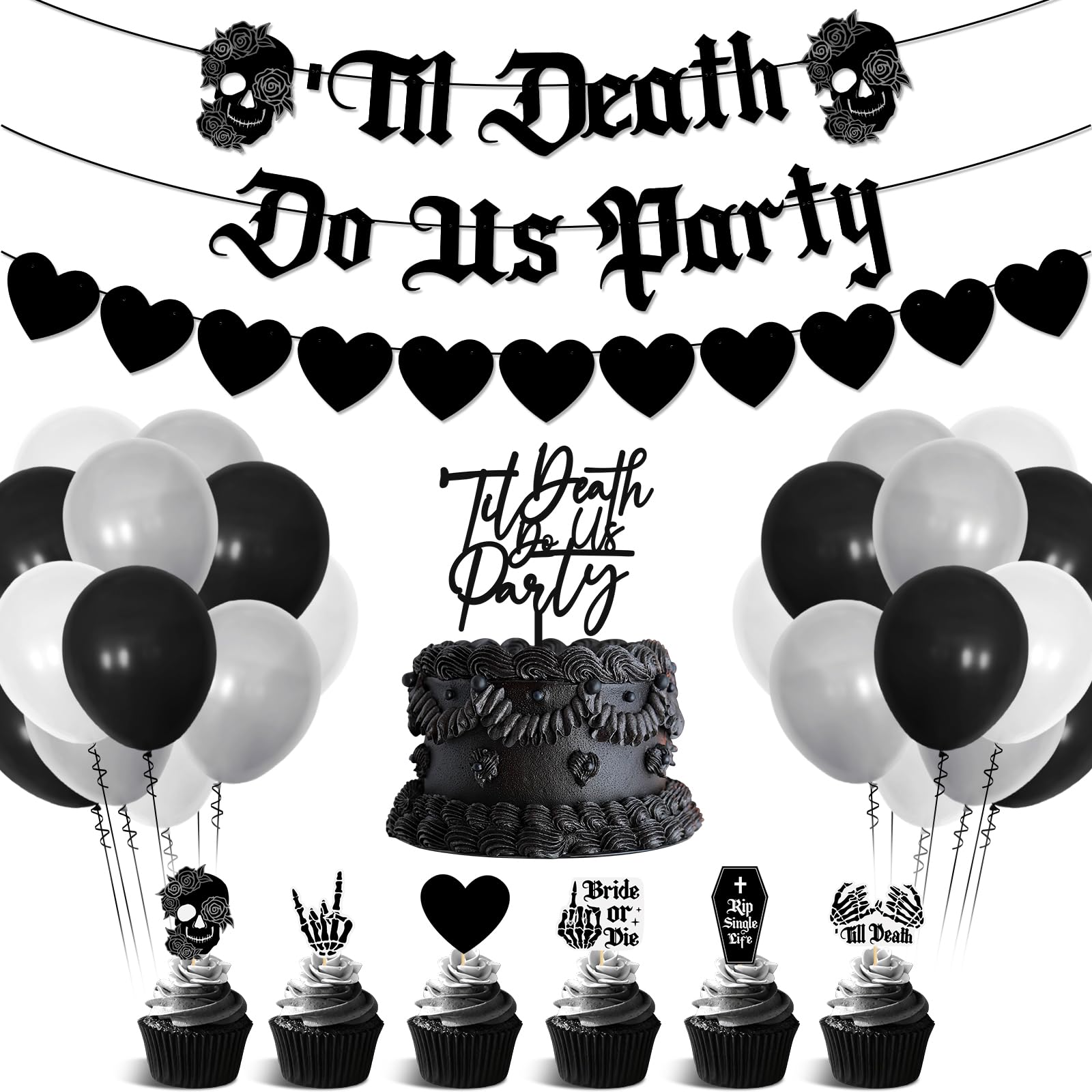 Kitticcino Til Death Do Us Party Party Decorations Gothic Party Banner Acrylic Cake Topper Black White Balloons Black Heart Garland for Bride or Die Bachelorette Halloween Wedding Supplies