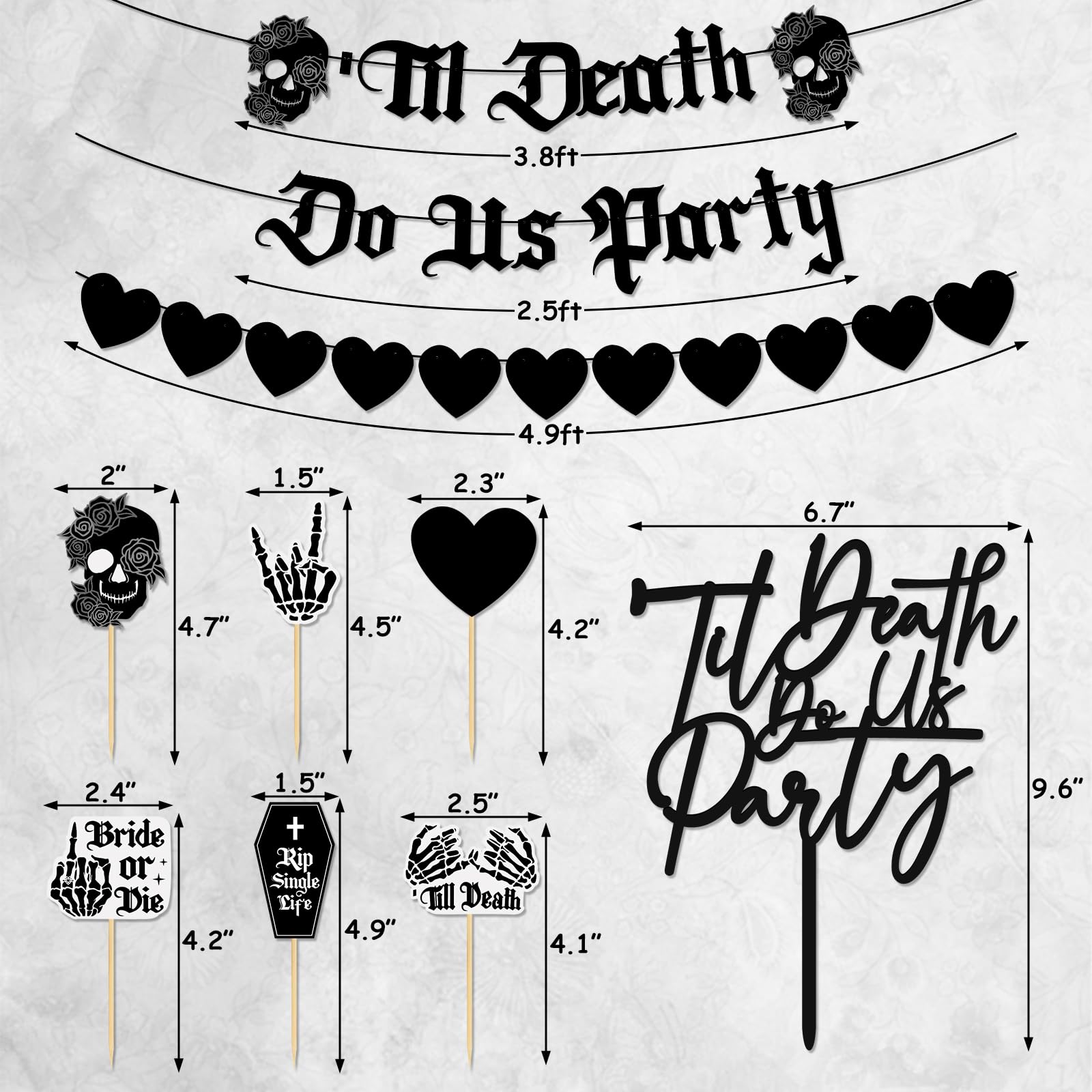 Kitticcino Til Death Do Us Party Party Decorations Gothic Party Banner Acrylic Cake Topper Black White Balloons Black Heart Garland for Bride or Die Bachelorette Halloween Wedding Supplies