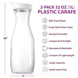 DilaBee Plastic Water Pitcher With Lid (32 Oz) Round Carafe Pitchers for drinks, Milk, Smoothie, Iced Tea, Mimosa Bar - Juice Containers with Lids for Fridge - BPA-Free (2-Pack) - Not Dishwasher Safe