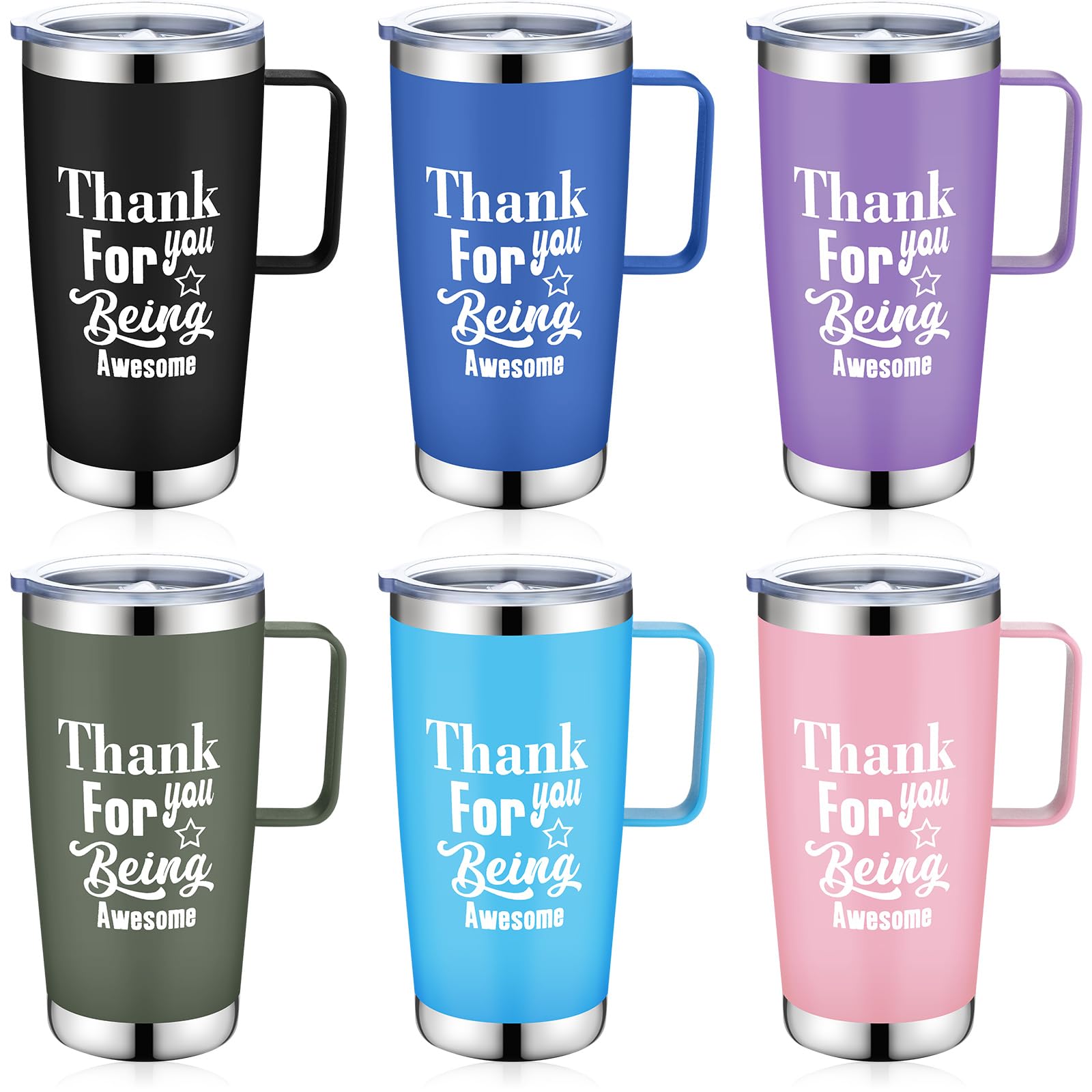 Bokon 6 Pcs Thank You Gift 20oz Stainless Steel Insulated Coffee Mug with Handle Employee Appreciation Gift Travel Tumblers Inspirational Gifts for Coworker Nurse Teacher Volunteer Social Worker Mom