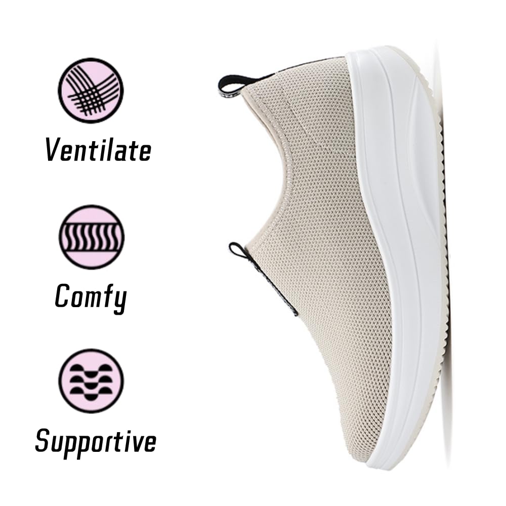 Oude Beige Slip On Tennis Shoes Women Lightweight | Wedge Sneaker Cute | Loafers Long Hours of Standing and Walking | Thick Rocking Bottom Size 9