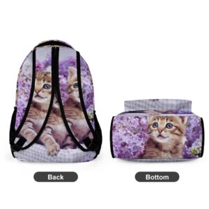 Niapessel Kids Backpack for School, Cute Kitten Purple Flower Pattern Students Bookbags School Bags Girls Boys