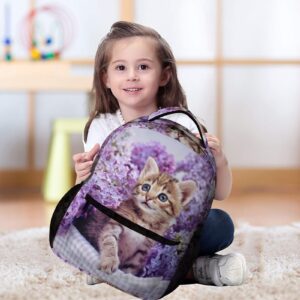 Niapessel Kids Backpack for School, Cute Kitten Purple Flower Pattern Students Bookbags School Bags Girls Boys