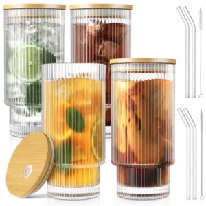 cwhhrn 16oz ribbed glass cups with bamboo lids and glass straws 4 set, vintage glassware for whiskey cocktail beer, iced coffee cups for cute gifts (4 set)