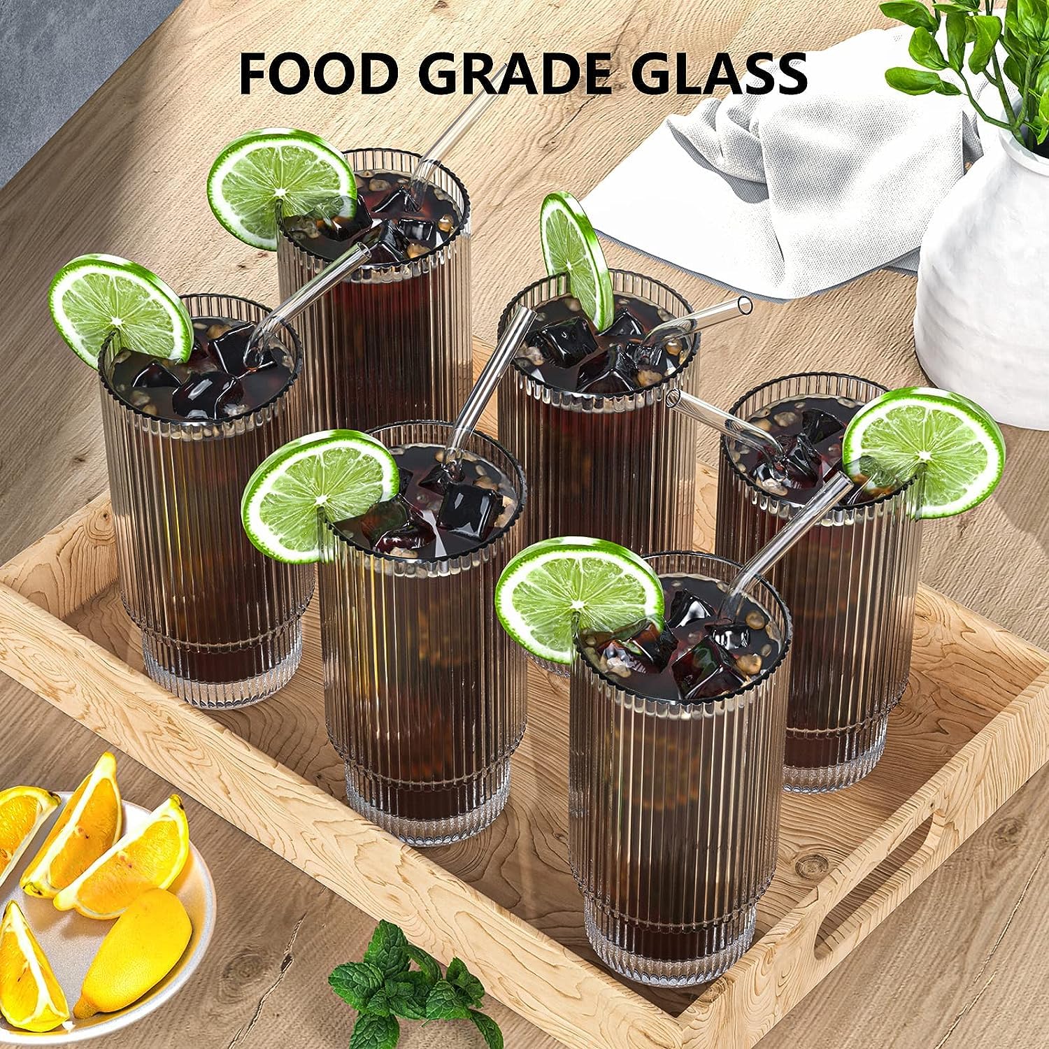 CWHHRN 16OZ Ribbed Glass Cups with Bamboo Lids and Glass Straws 4 Set, Vintage Glassware for Whiskey Cocktail Beer, Iced Coffee Cups for Cute Gifts (4 Set)