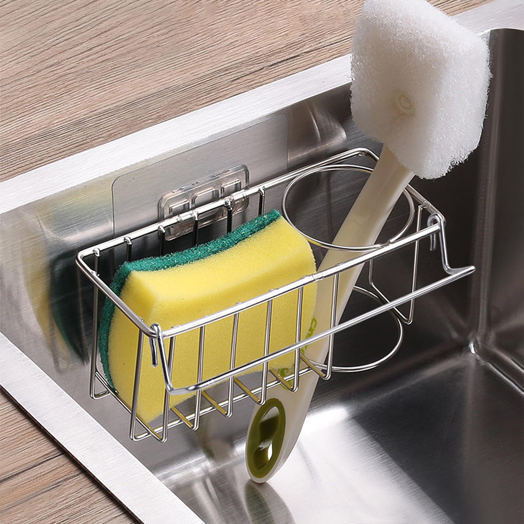 3-In-1 Kitchen Sink Organizer In-Sink Sponge and Brush Holder for Kitchen Sink - 304 Stainless Steel Sink Holder for Brush and Sponge - Durable Kitchen Accessories, Dishcloths, Brushes