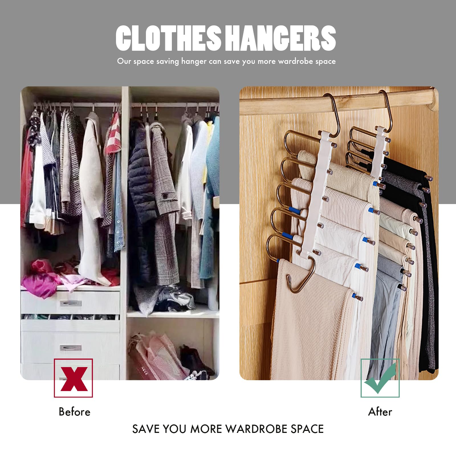 CERETIA 9 Layers Pants Hangers Space Saving - Non Slip Stainless Steel Multifunctional Pants Rack, Clothes Closet Storage Organizer for Pants Jeans Trousers Scarf Hanger