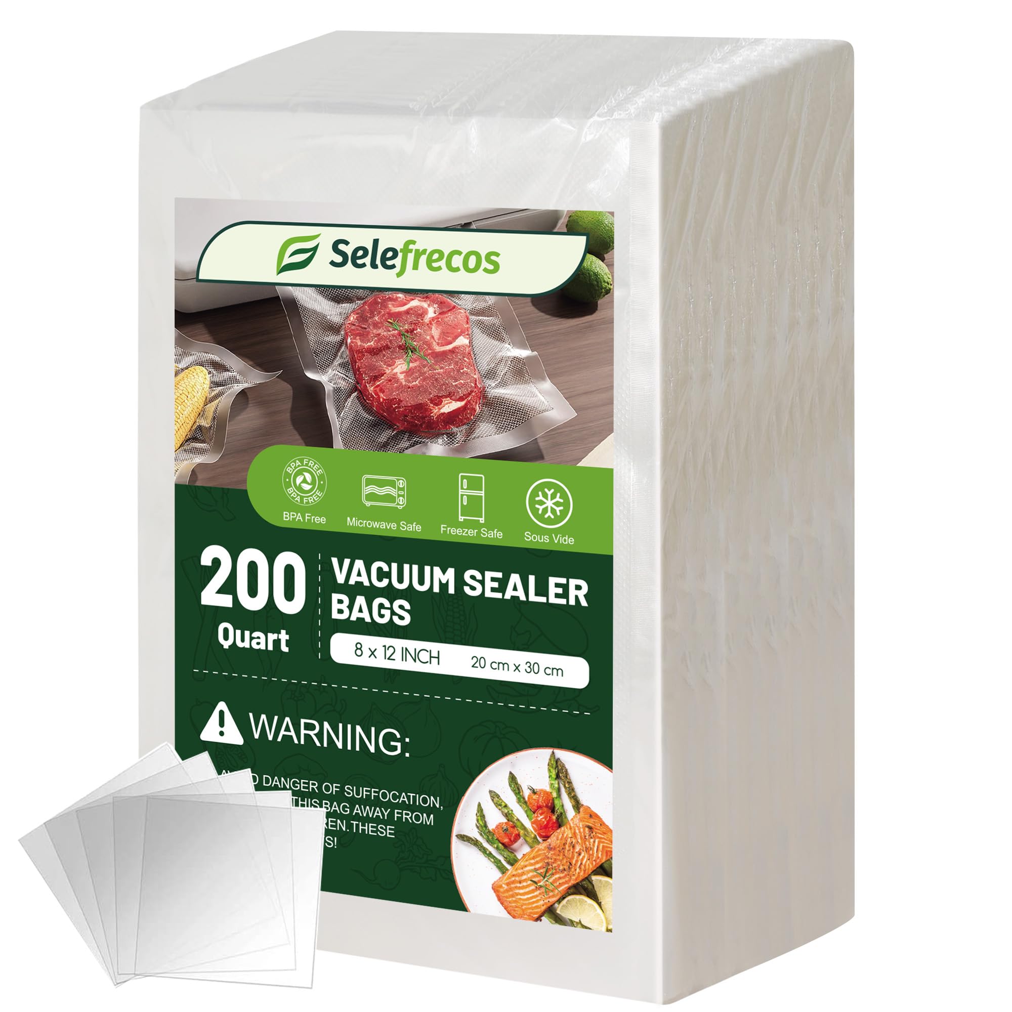 Vacuum Sealer Bags, 200 Quart BPA Free 8x12 Inch Vacuum Seal Bags for Food Saver, Seal a Meal, Weston. Heavy Duty Commercial Grade Vacuum Food Storage Bags for Sous Vide Freezer Vac Storage Meal Prep