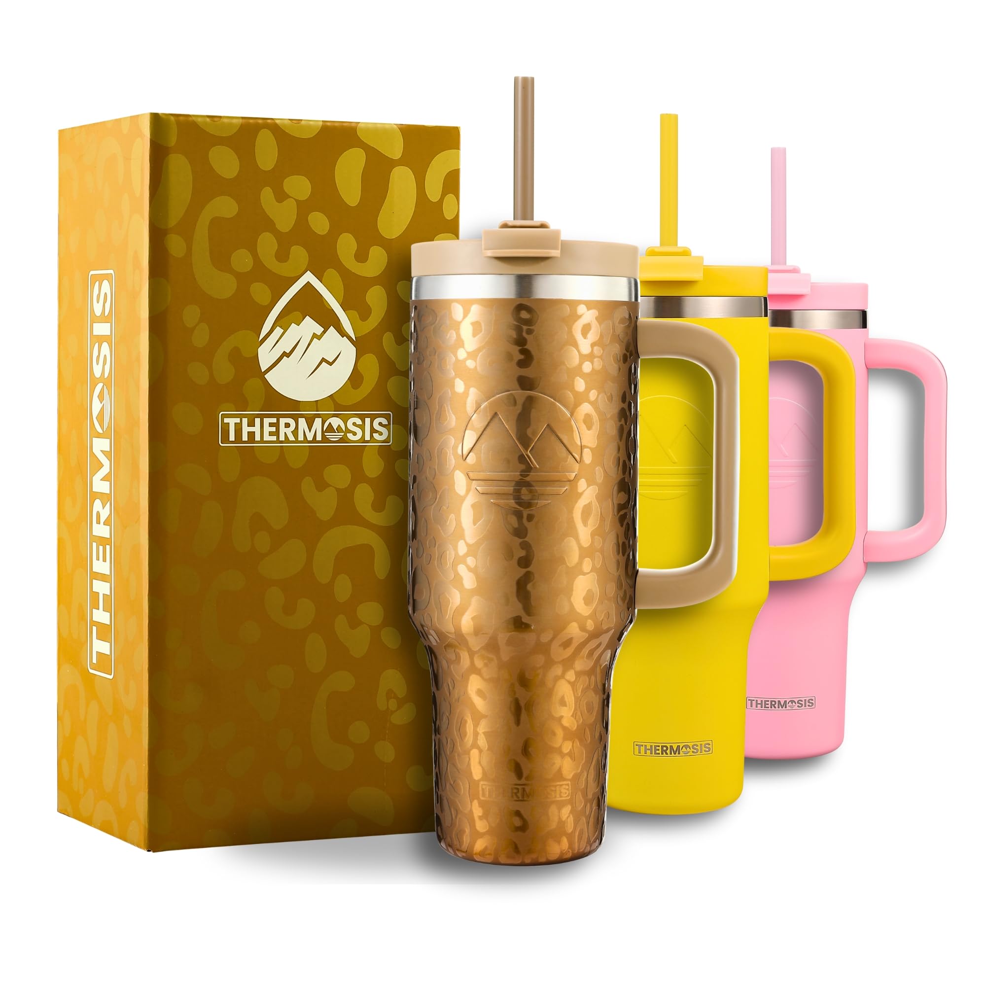 Thermosis 40 oz Tumbler with Handle and Straw | Leakproof Tumbler with Straw Insulated Travel Mug Fits Cupholders | Insulated Cup 40 oz Water Bottle with Straw Stainless Steel Tumbler - Gold Leopard