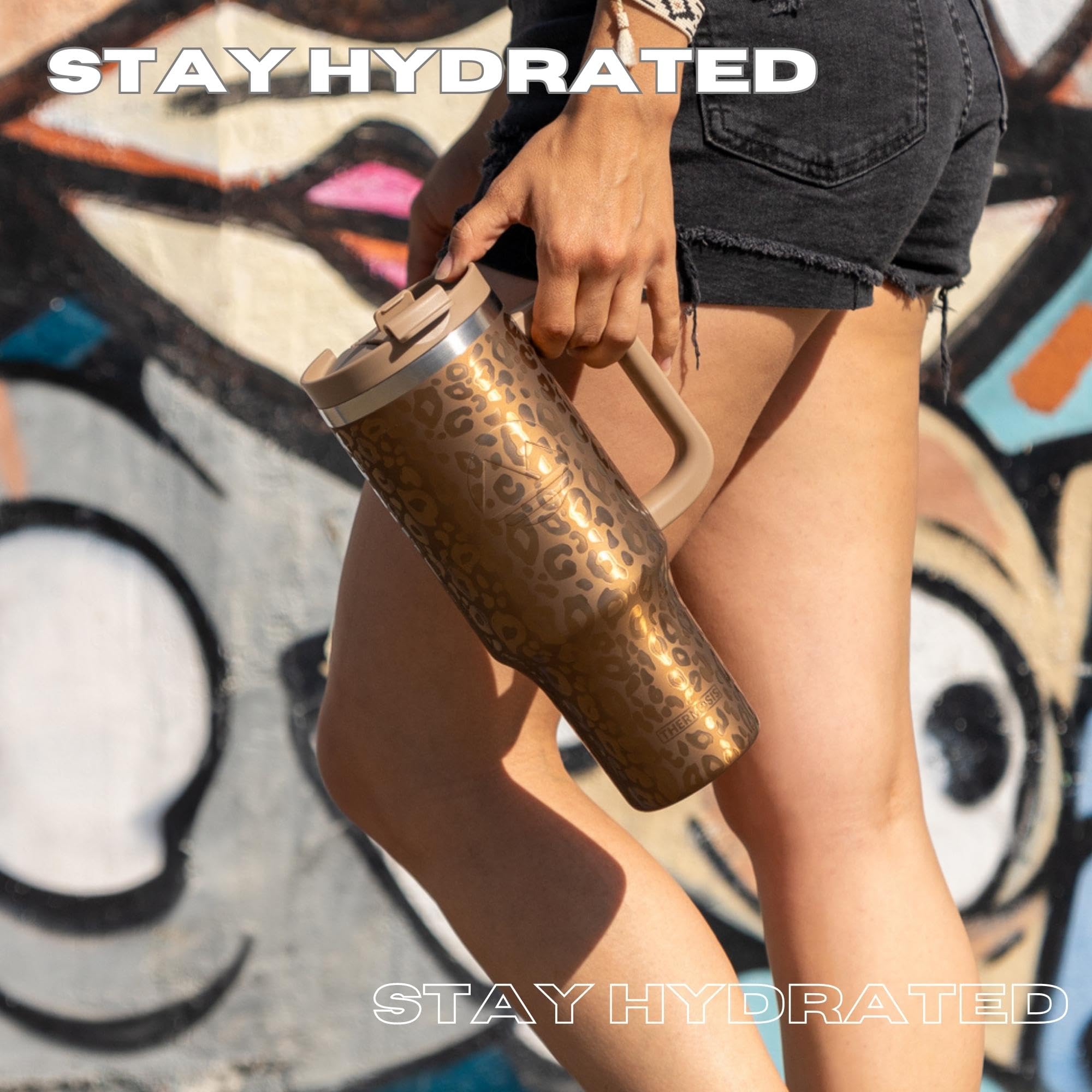 Thermosis 40 oz Tumbler with Handle and Straw | Leakproof Tumbler with Straw Insulated Travel Mug Fits Cupholders | Insulated Cup 40 oz Water Bottle with Straw Stainless Steel Tumbler - Gold Leopard