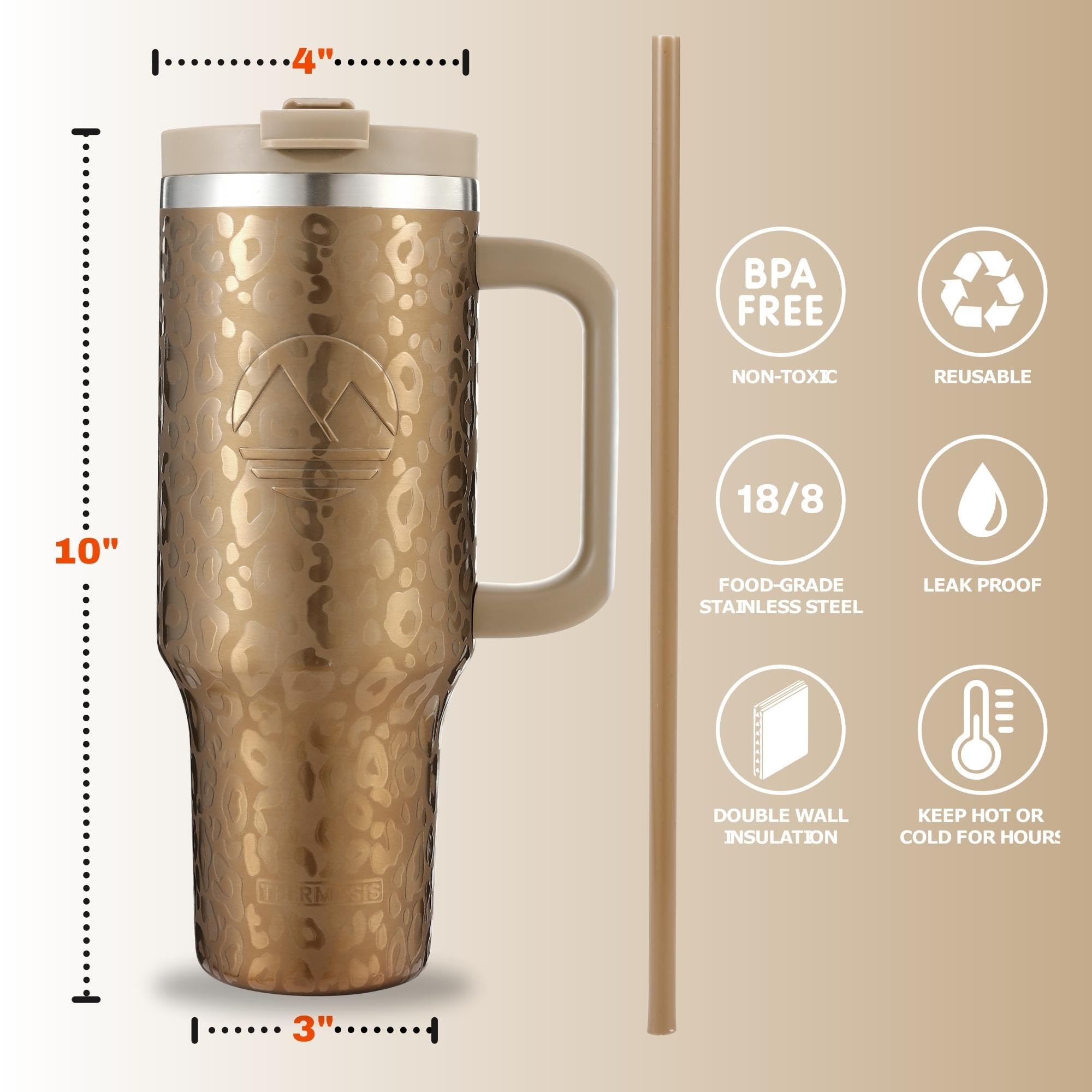 Thermosis 40 oz Tumbler with Handle and Straw | Leakproof Tumbler with Straw Insulated Travel Mug Fits Cupholders | Insulated Cup 40 oz Water Bottle with Straw Stainless Steel Tumbler - Gold Leopard