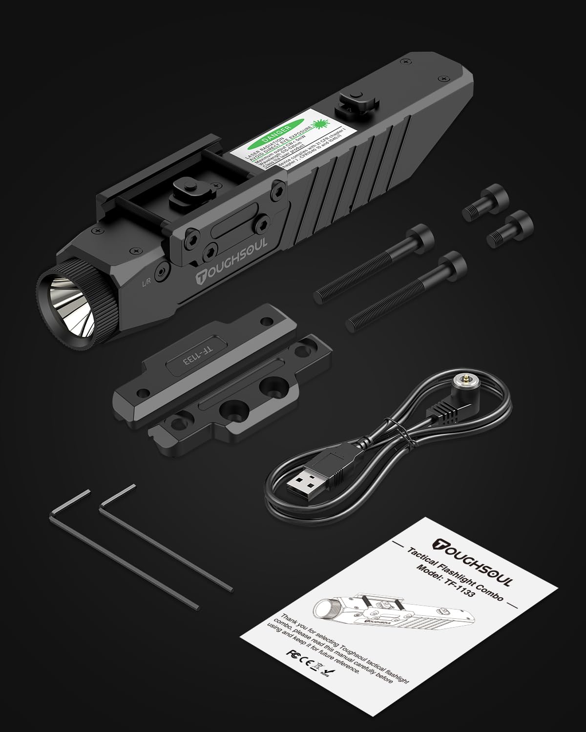 TOUGHSOUL Tactical Flashlight Green Red Laser Sight Combo, 1450 Lumen Picatinny Rail MLOK Mounted Rechargeable Rifle Flashlight (Red Laser)