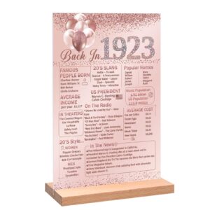 vlipoeasn pink 101st birthday anniversary table decoration 1923 poster for women, rose gold back in 1923 acrylic table sign with wooden stand, 101 year old birthday party centerpieces gift supplies