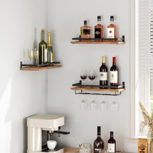 hoobro wall mounted wine rack 3 pack, wine shelf hanging floating wall shelves, wine glass bottle rack stemware holder, for living room, dining room, kitchen, rustic brown and black bf34bj01