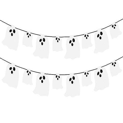 Halloween Ghost Banner Decorations - White Glittery Spook Garland Bunting Banner for Haunted Houses Wall Doorways Indoor Outdoor Home Mantel Decorations Party Supplies