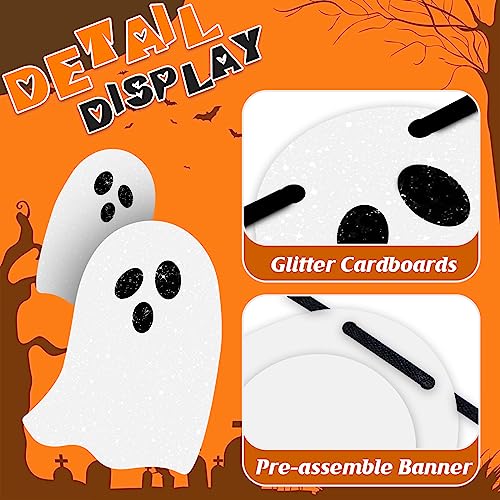 Halloween Ghost Banner Decorations - White Glittery Spook Garland Bunting Banner for Haunted Houses Wall Doorways Indoor Outdoor Home Mantel Decorations Party Supplies