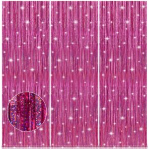 accevo pink party streamers 3pack glitter foil fringe curtain 3.2ft x 8.2ft pink party decor photo booth streamers metallic tinsel door streamer for valentines day decorations christening party decor