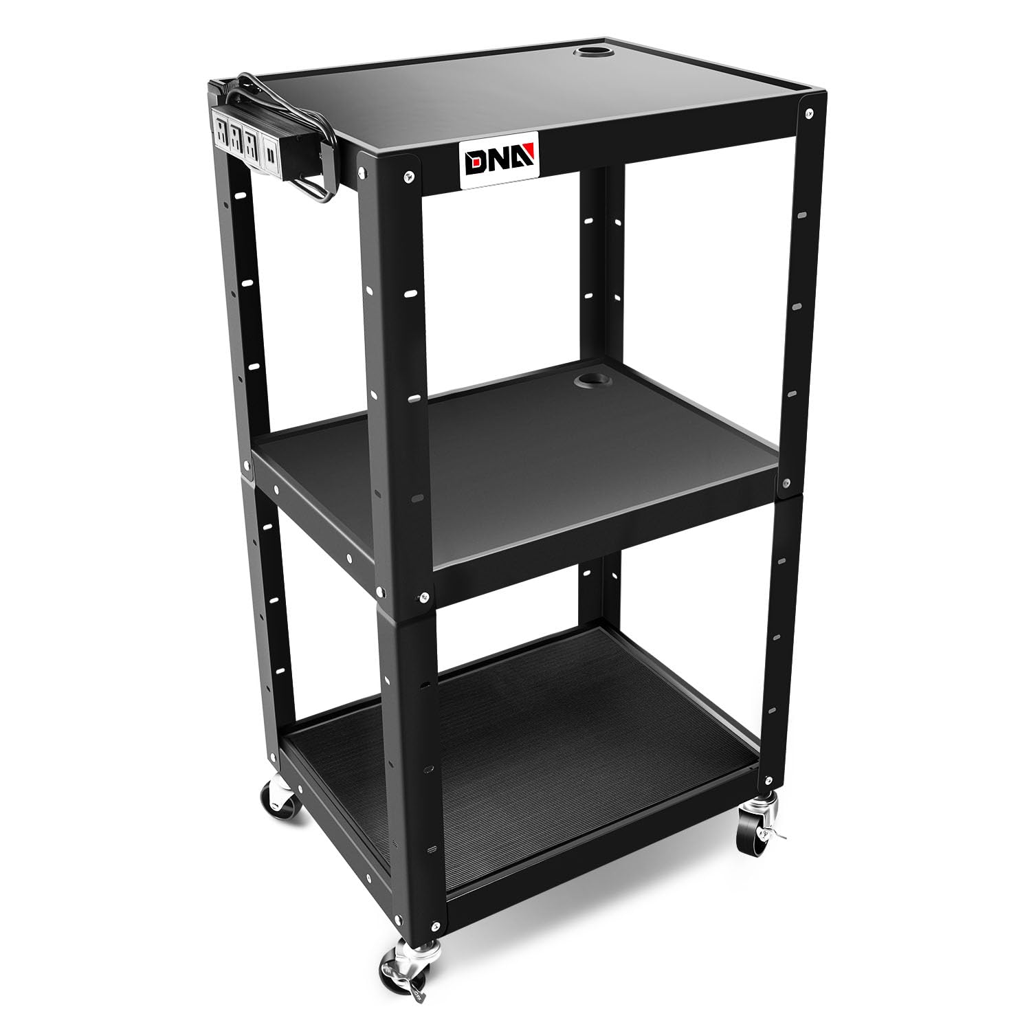 DNA MOTORING 3-Layer Utility Steel AV Cart with Wheels Power Strip, 25" x 18" x 24"-42" Height Adjustable Rolling Projector Cart,TOOLS-00136