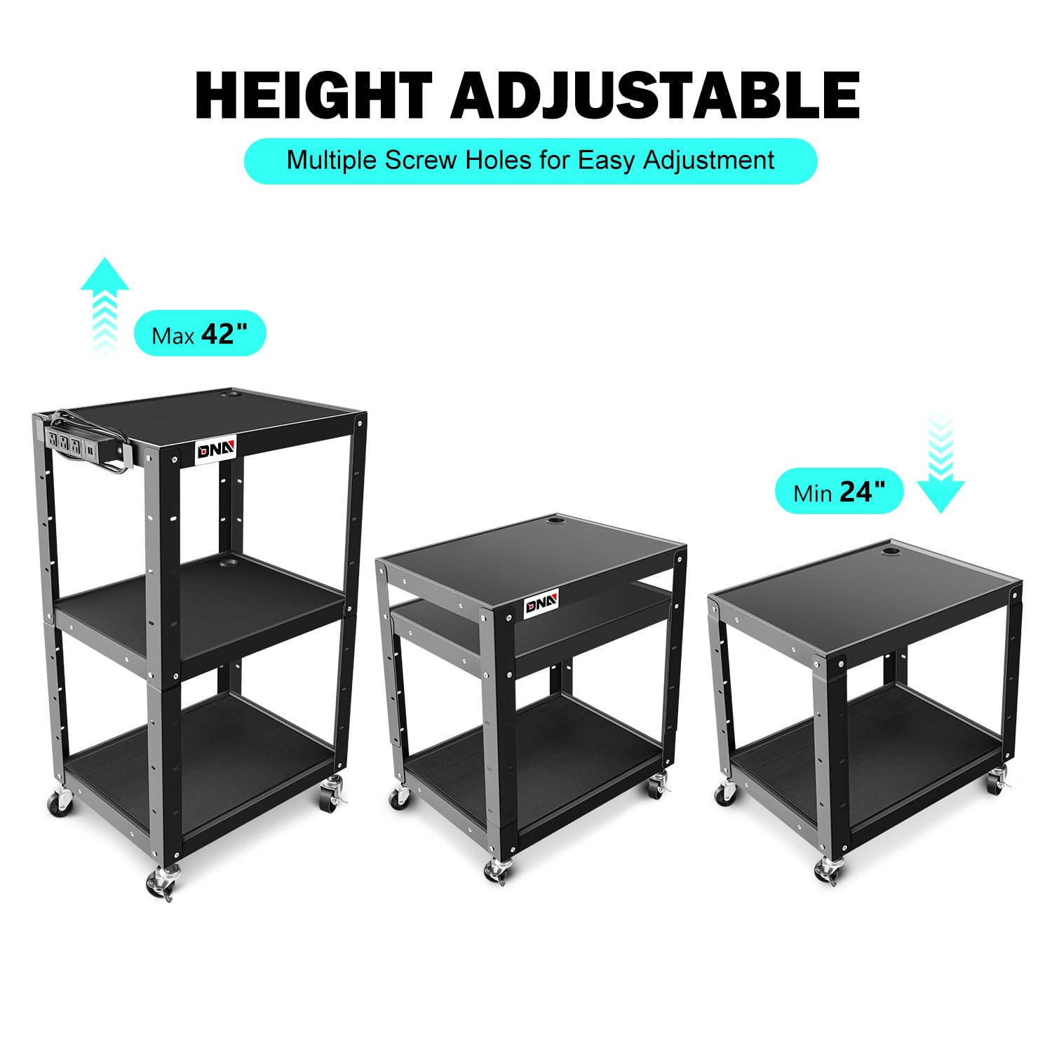 DNA MOTORING 3-Layer Utility Steel AV Cart with Wheels Power Strip, 25" x 18" x 24"-42" Height Adjustable Rolling Projector Cart,TOOLS-00136