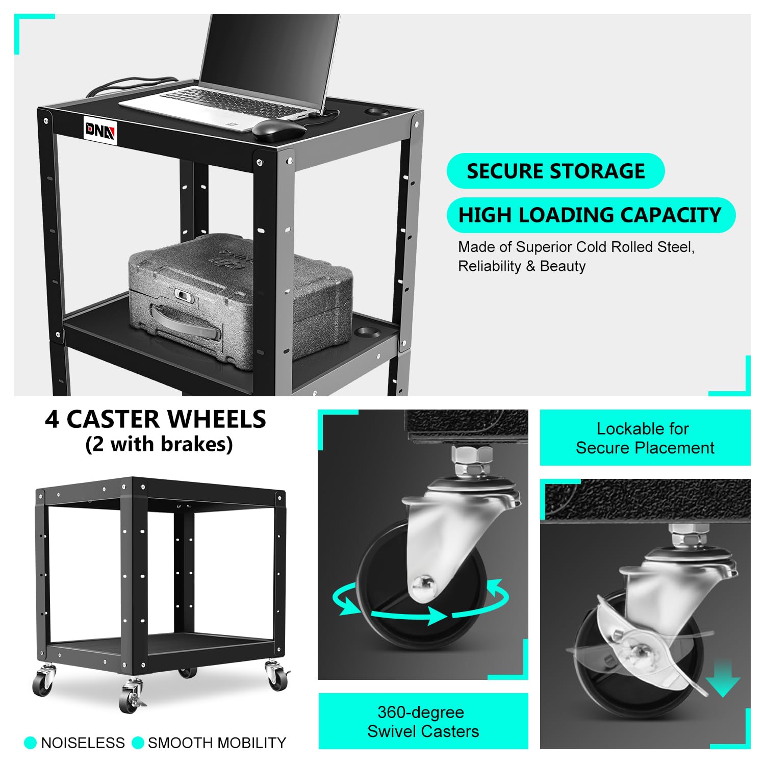 DNA MOTORING 3-Layer Utility Steel AV Cart with Wheels Power Strip, 25" x 18" x 24"-42" Height Adjustable Rolling Projector Cart,TOOLS-00136