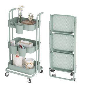dtk 3 tier foldable rolling cart, metal utility cart with lockable wheels, folding storage trolley for living room, kitchen, bathroom, bedroom and office, green