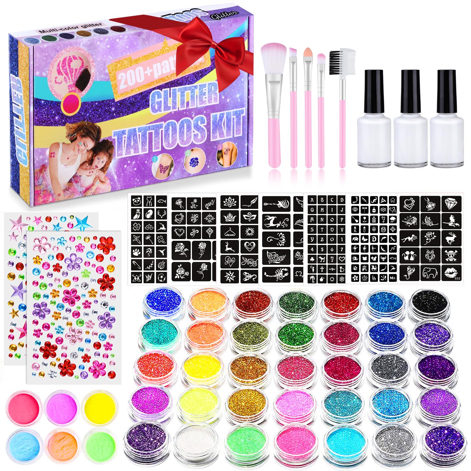 492 Temporary Glitter Tattoo Kit for Kids, 41 colors glitter powder 215 rhinestones 204 stencils 24 glitter powder 3 glue 5 brushes Waterproof tattoos for parties, Adults & Kids Glitter Make Up Kit