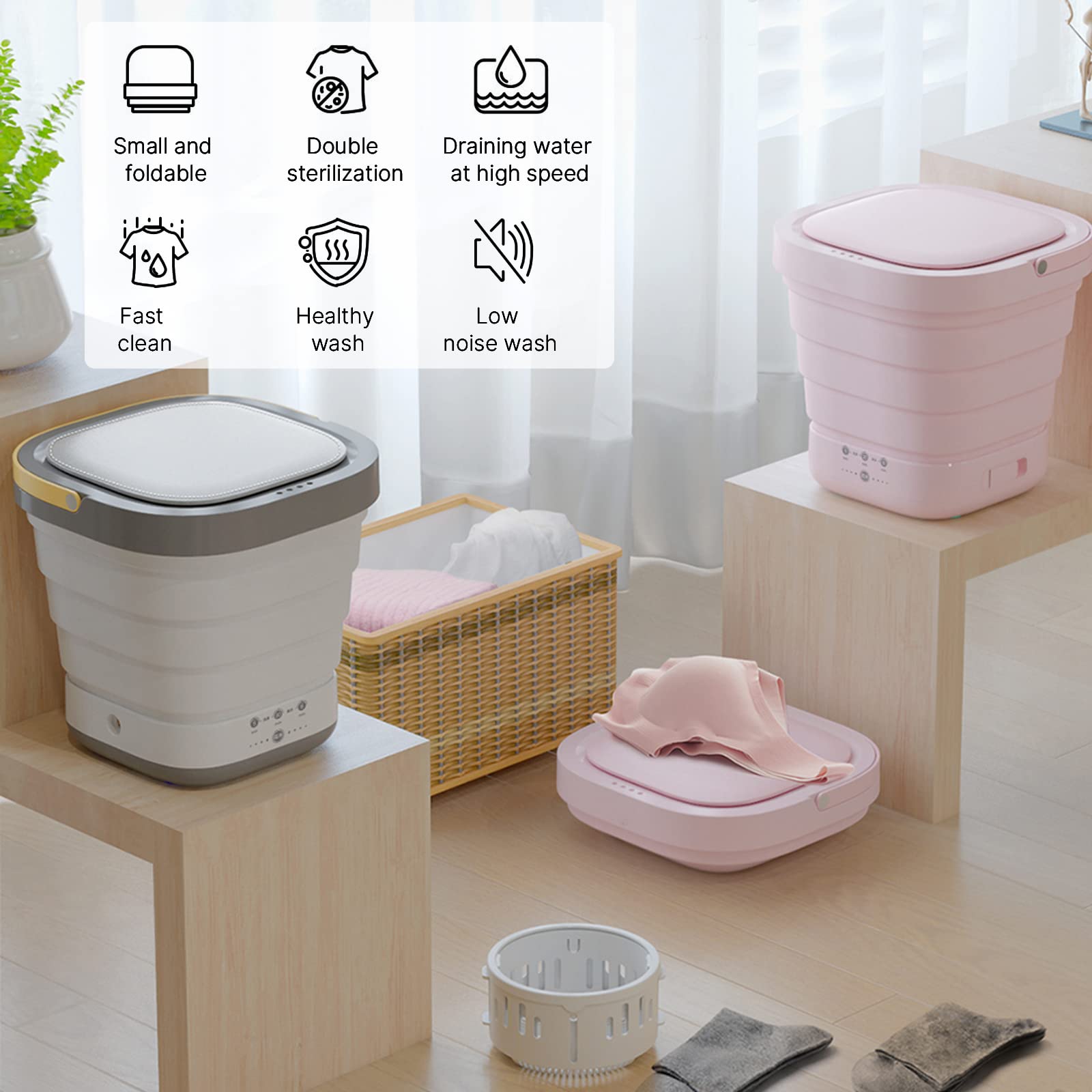 6.6LBS Mini portable washing machine, Foldable washing machine with spin dryer, Portable washer and dryer combo machine, Perfect for Small Clothes, apartments, Camping, Travelling (9L 60W high speed)