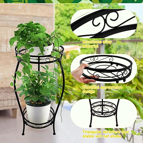 2 Pack Plant Stand Indoor Outdoor, 2 Tier Tall Black Metal Rustproof Stable Plant Stands, Multiple Plant Sturdy Rack Holder Rack Flower Pot Stand Heavy Duty Plant Round Shelf.