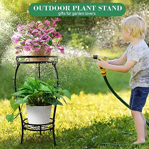 2 Pack Plant Stand Indoor Outdoor, 2 Tier Tall Black Metal Rustproof Stable Plant Stands, Multiple Plant Sturdy Rack Holder Rack Flower Pot Stand Heavy Duty Plant Round Shelf.