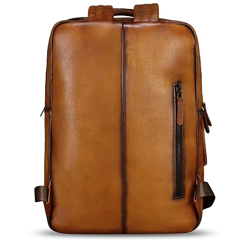 IVTG Genuine Leather Backpack for Men Vintage Handmade High Capacity Leather Rucksack Casual Daypack Vintage Knapsack (Brown)