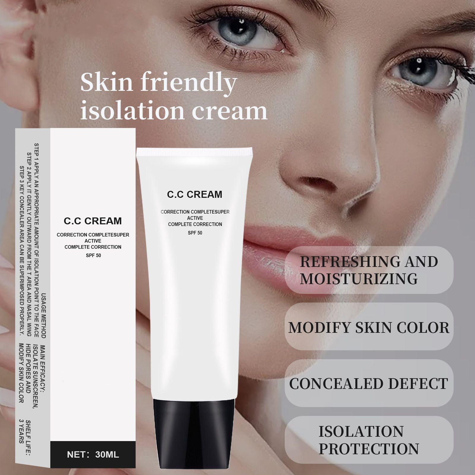 OBRVE 2PCS Natural Skin Tone Adjusting CC Cream SPF 50,Cosmetics CC Cream,All-In-One Face Sunscreen and Foundation,Colour Self