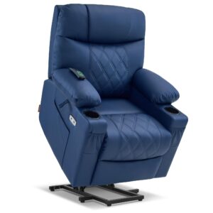 mcombo small size electric power lift recliner chair sofa with massage and dual heating, adjustable headrest for elderly people petite, usb ports, faux leather 7111 (blue)