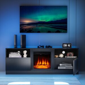 oneinmil fireplace tv stand for 75'' tv,65 inch modern tv cabinet with 18 inch electric fireplace, wood texture storage cabinet, media entertainment center,black