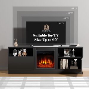 oneinmil Fireplace TV Stand for 75'' TV,65 Inch Modern TV Cabinet with 18 Inch Electric Fireplace, Wood Texture Storage Cabinet, Media Entertainment Center,Black