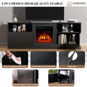 oneinmil Fireplace TV Stand for 75'' TV,65 Inch Modern TV Cabinet with 18 Inch Electric Fireplace, Wood Texture Storage Cabinet, Media Entertainment Center,Black