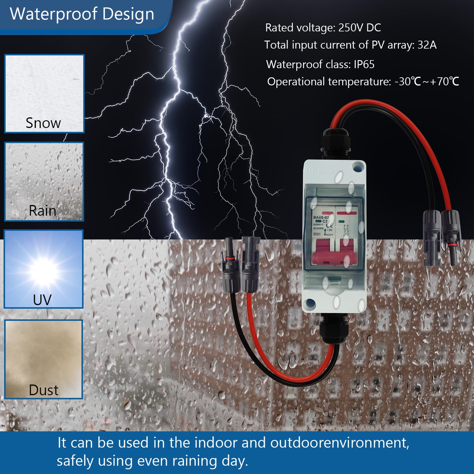 Solar Panels Solar Disconnect Switch with 32 Amp Miniature Circuit Breaker Box IP65 Waterproof Photovoltaic Circuit Isolator for Solar Power System RV, Boats