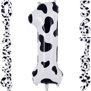 cow print number 1 balloon, large 40 inch cow number birthday balloons, foil mylar number 1 balloons for 1st first birthday party decorations supplies animal farm cowboy cowgirl themed party