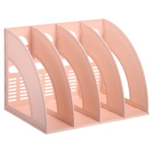 PATIKIL Magazine File Holder, Plastic Vertical 4 Compartment Desktop File Book Newspaper Notebook Storage Rack Bookshelf Folder Organizer for Office, Light Pink