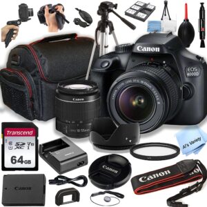 canon 4000d (eos rebel t100) dslr camera w/ef-s 18-55mm f/3.5-5.6 zoom lens + 64gb memory card, case, hood, tripod, grip-pod, filter, professional photo bundle(24pc) (renewed)