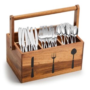 geetery acacia utensil caddy silverware caddy with handle wooden multipurpose countertop flatware napkin caddy utensil organizer caddy for party picnic kitchen trip, 9.1 x 5.9 x 4.5 in (wood color)